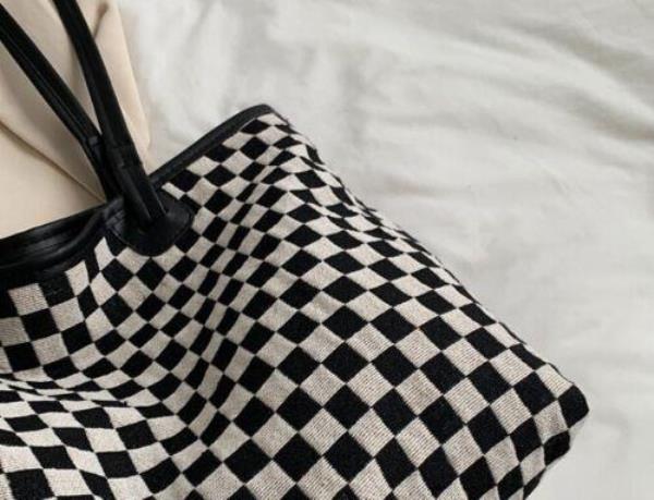 2 Pcs Black White Retro Plaid Cloth Tote Cosmetic Bag Set