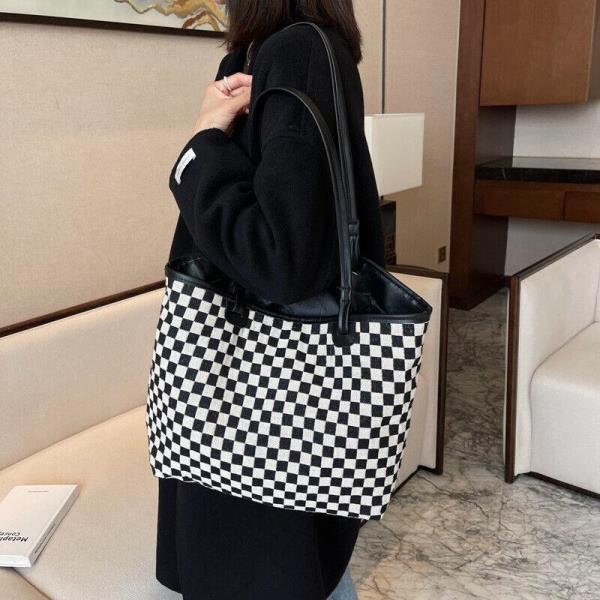 2 Pcs Black White Retro Plaid Cloth Tote Cosmetic Bag Set