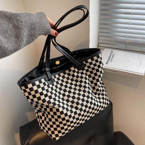 2 Pcs Black White Retro Plaid Cloth Tote Cosmetic Bag Set