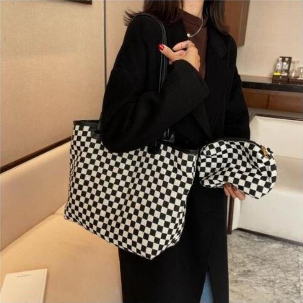 2 Pcs Black White Retro Plaid Cloth Tote Cosmetic Bag Set