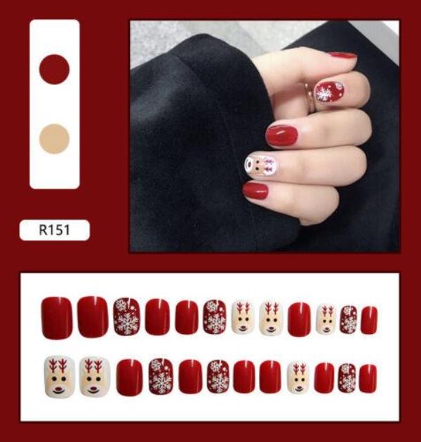 24 Christmas Red Reusable Fake Press Nails