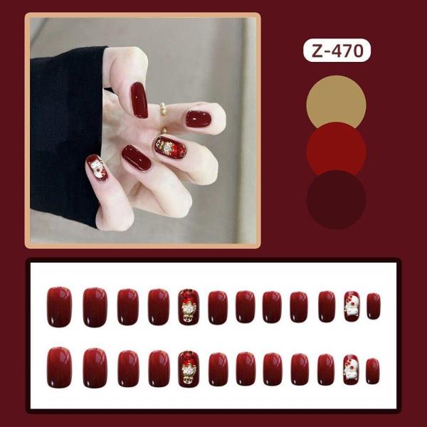 24 Red Lucky Cat 3D Reusable Fake Press Nails