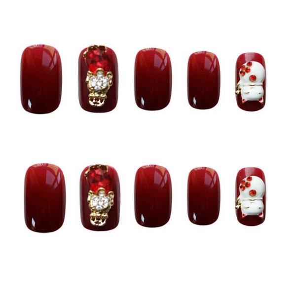 24 Red Lucky Cat 3D Reusable Fake Press Nails