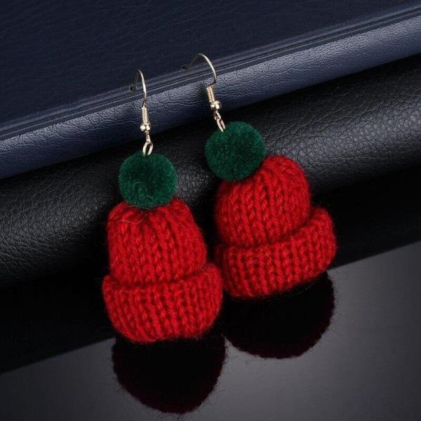 Christmas Red Woven Knit Hat Dangle Earrings