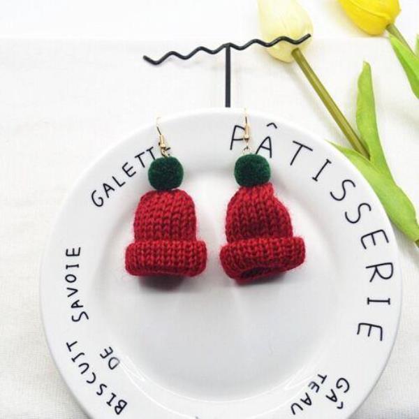 Christmas Red Woven Knit Hat Dangle Earrings