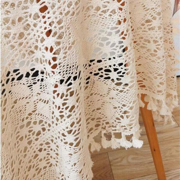 90 x 90 CM Flora Square Off White Lace Tassel Crochet Doily Table Runner