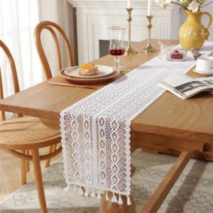 120 x 120 CM Flora Square Off White Lace Tassel Table Runner