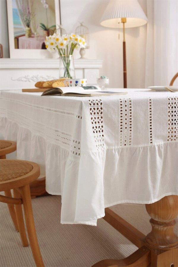 French Romantic White Cotton Rectangle Dining Tablecloth