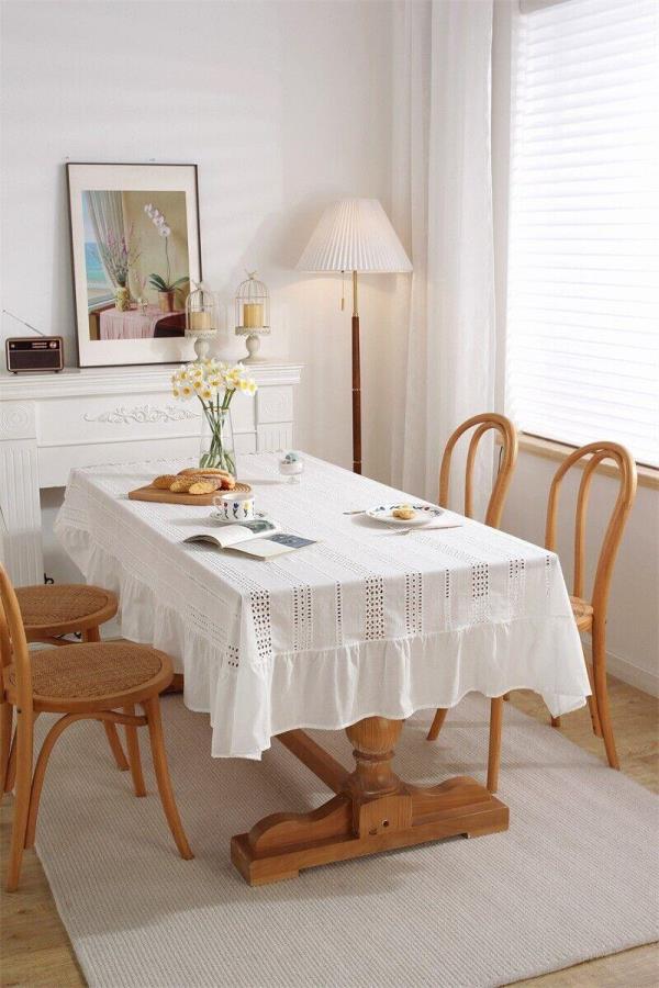 French Romantic White Cotton Rectangle Dining Tablecloth