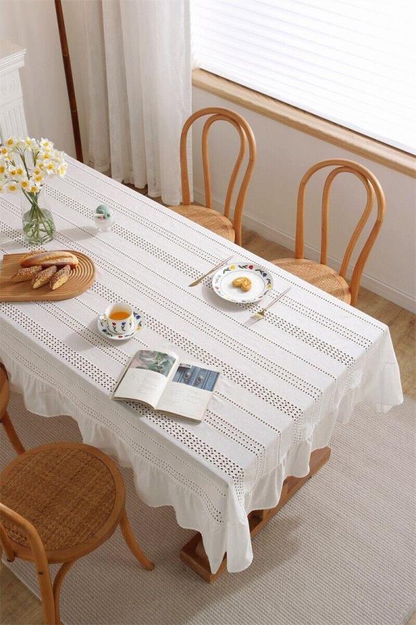 French Romantic White Cotton Rectangle Dining Tablecloth