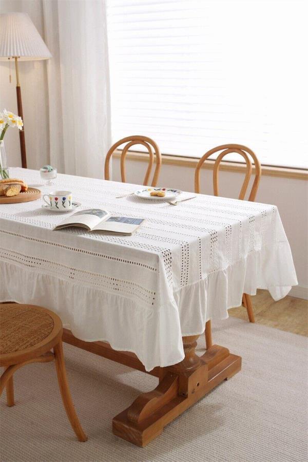 French Romantic White Cotton Rectangle Dining Tablecloth