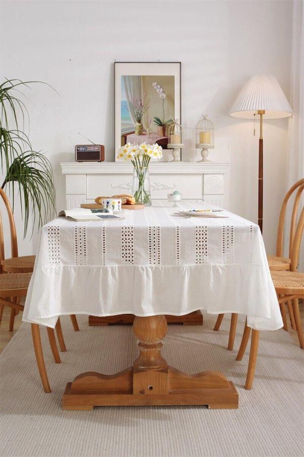 French Romantic White Cotton Rectangle Dining Tablecloth