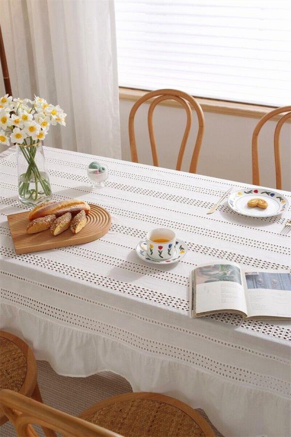 French Romantic White Cotton Rectangle Dining Tablecloth