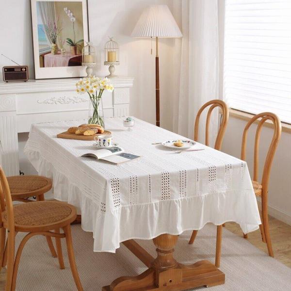 French Romantic White Cotton Rectangle Dining Tablecloth