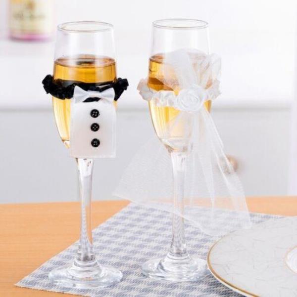 2 Pcs Wedding Champagne Wine Glass Lace Decorations