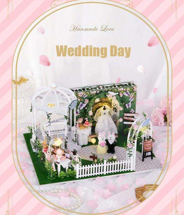 DIY Romantic Wedding Day Furniture Light 3D Music Miniature Dollhouse