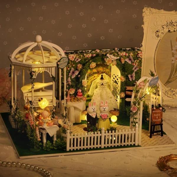 DIY Romantic Wedding Day Furniture Light 3D Music Miniature Dollhouse