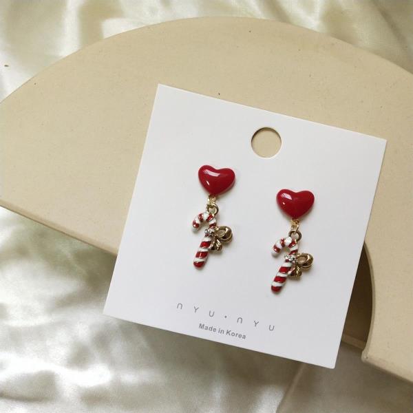 Christmas Heart Bow Cane Drop Earrings