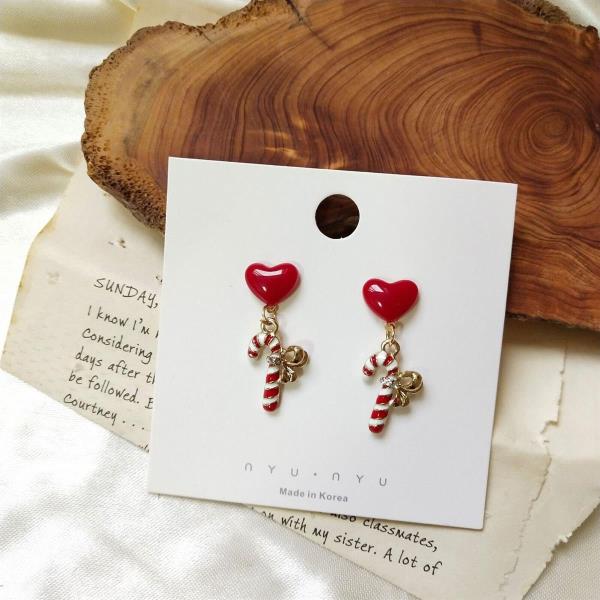 Christmas Heart Bow Cane Drop Earrings