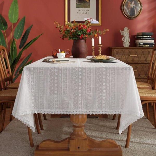 180CM White Cotton Hollow Flower Rectangle Tablecloth