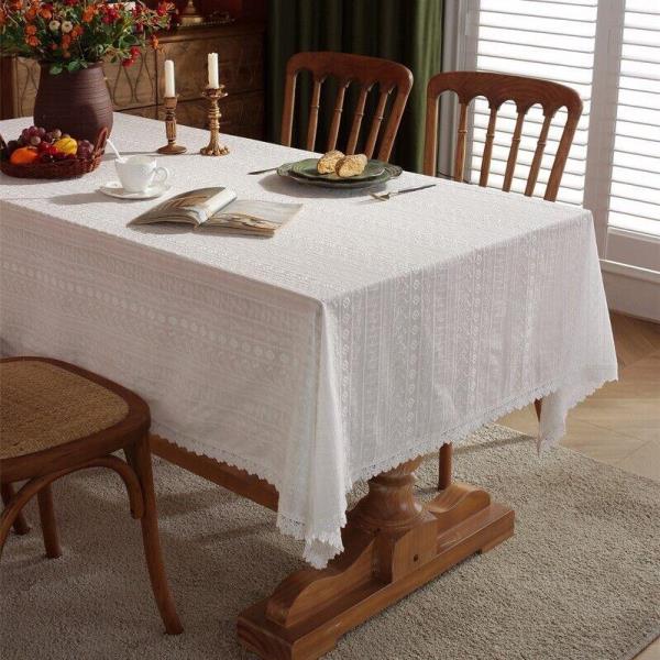 180CM White Cotton Hollow Flower Rectangle Tablecloth