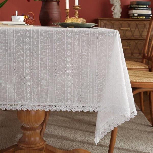 180CM White Cotton Hollow Flower Rectangle Tablecloth