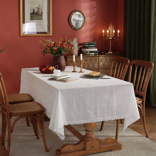 180CM White Cotton Hollow Flower Rectangle Tablecloth