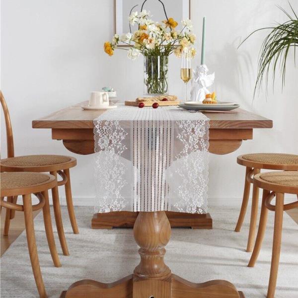 180 CM Retro White Lace Tassel Flower Table Runner