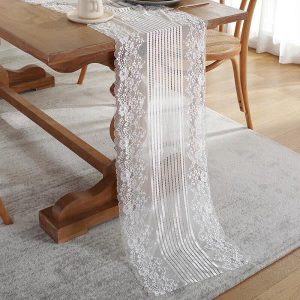 180 CM Retro White Lace Tassel Flower Table Runner