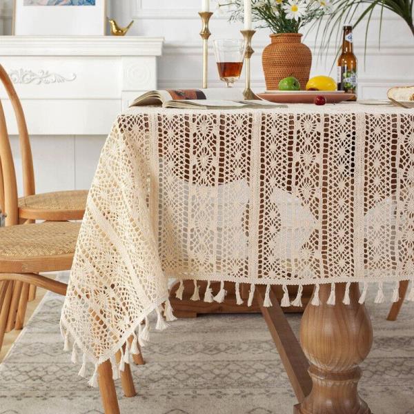 Retro Square Off White Lace Tassel Tablecloth