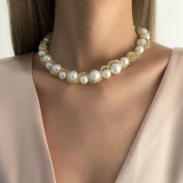 Baroque Gold Twist Knit White Faux Pearl Necklace