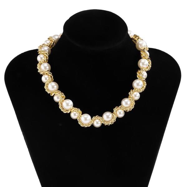 Baroque Gold Twist Knit White Faux Pearl Necklace