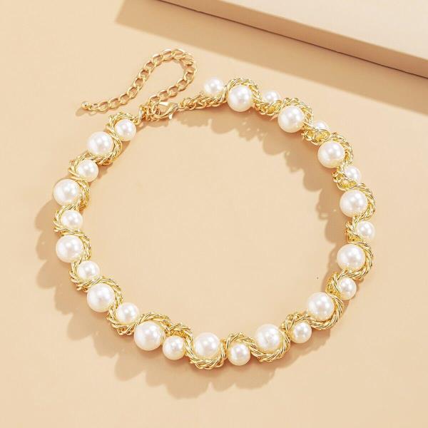 Baroque Gold Twist Knit White Faux Pearl Necklace