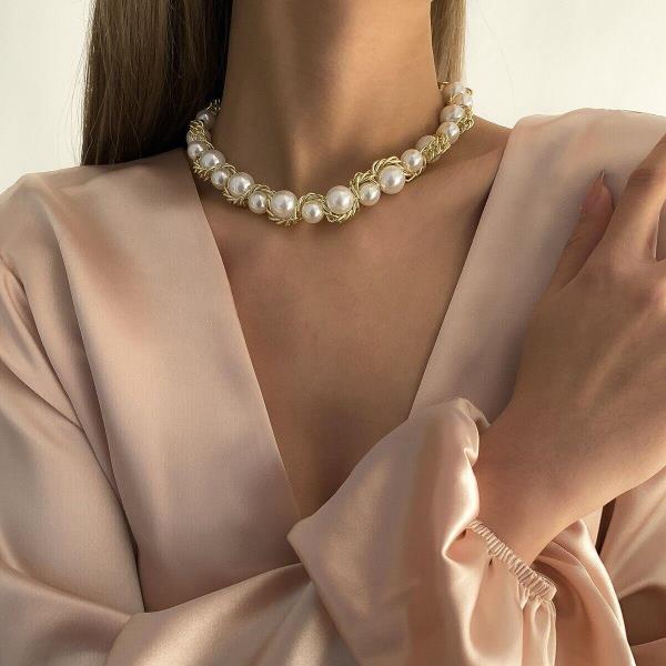 Baroque Gold Twist Knit White Faux Pearl Necklace