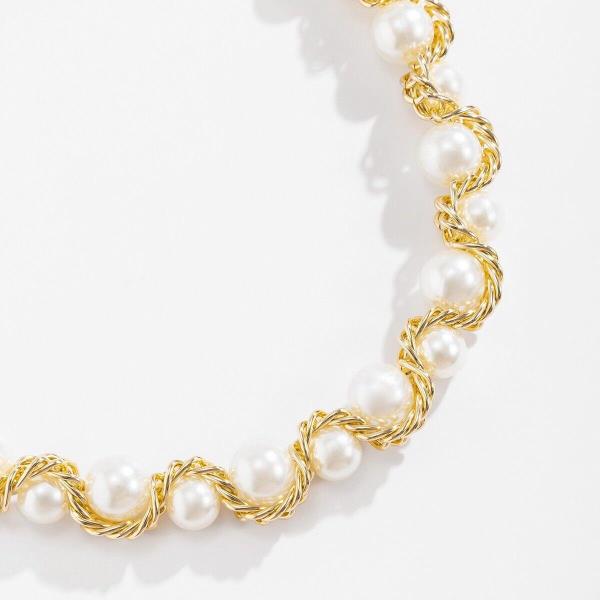 Baroque Gold Twist Knit White Faux Pearl Necklace