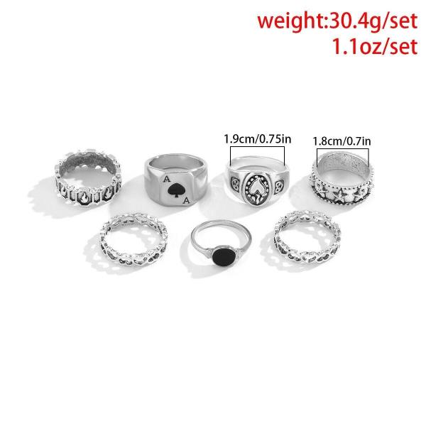 7 Pcs Retro Gothic Silver Poker Geometric Ring Sets