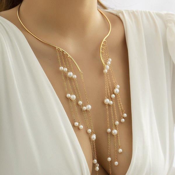 Open Collar White Imitation Pearl Tassel Necklace