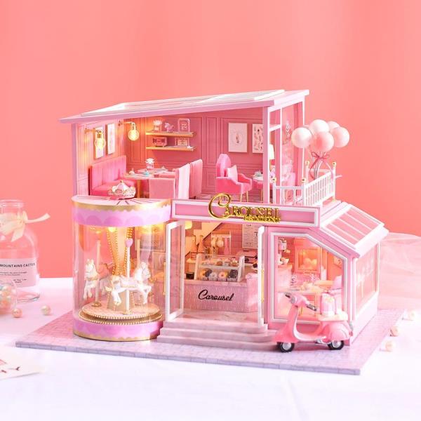 Cute Room DIY Pink Patisserie Cake Shop Music Miniature Dollhouse