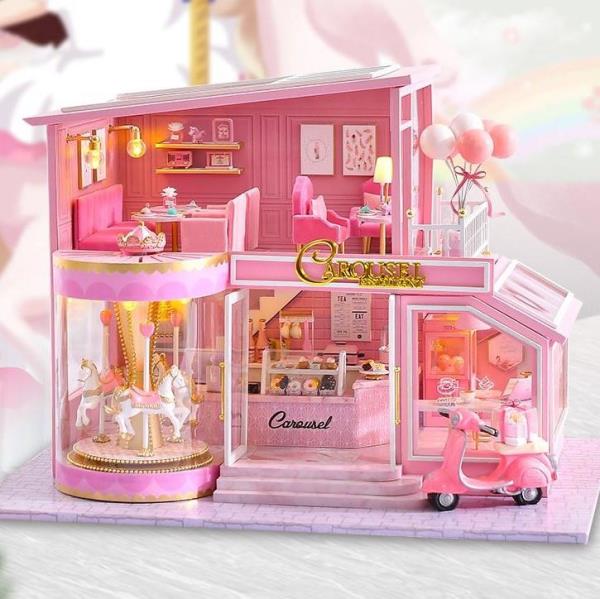 Cute Room DIY Pink Patisserie Cake Shop Music Miniature Dollhouse