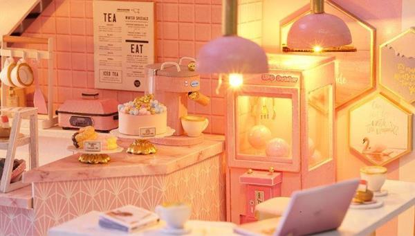 Cute Room DIY Pink Patisserie Cake Shop Music Miniature Dollhouse