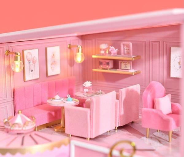 Cute Room DIY Pink Patisserie Cake Shop Music Miniature Dollhouse