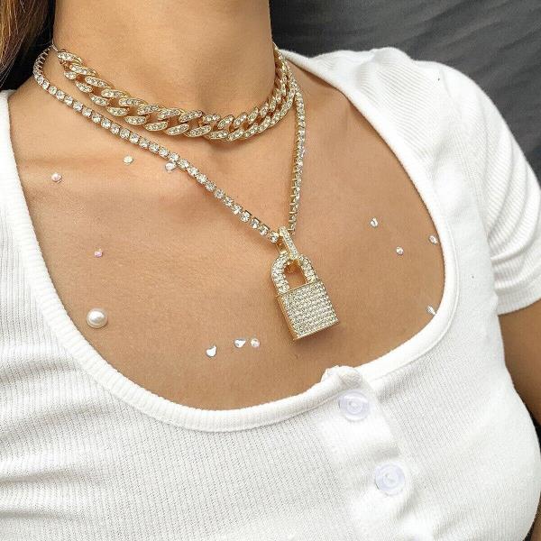 Glitter Crystal Lock Double Layer Chain Lock Necklace