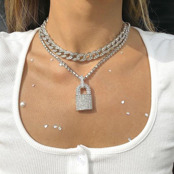 Glitter Crystal Lock Double Layer Chain Lock Necklace