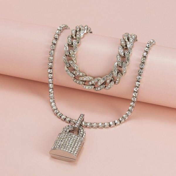 Glitter Crystal Lock Double Layer Chain Lock Necklace