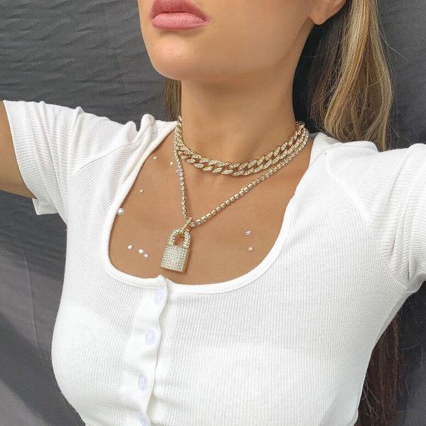 Glitter Crystal Lock Double Layer Chain Lock Necklace