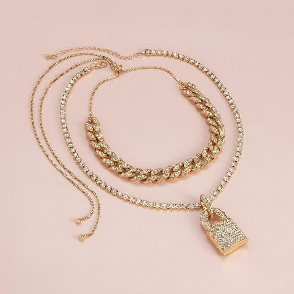 Glitter Crystal Lock Double Layer Chain Lock Necklace