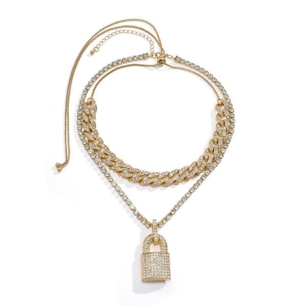 Glitter Crystal Lock Double Layer Chain Lock Necklace