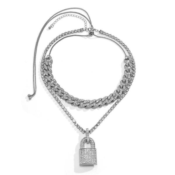 Glitter Crystal Lock Double Layer Chain Lock Necklace