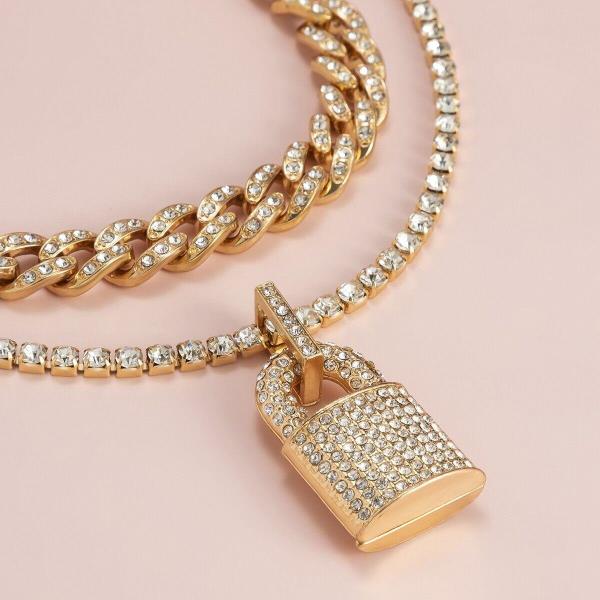 Glitter Crystal Lock Double Layer Chain Lock Necklace