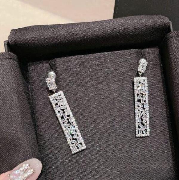 18K Platinum Plated Zircon Silver Rectangle Dangle Earrings